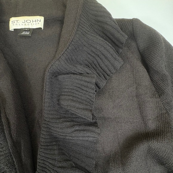 St John Collection Chocolate Brown Ruffle‎ Front Open Knit Cardigan Sweater 8 - Picture 4 of 14